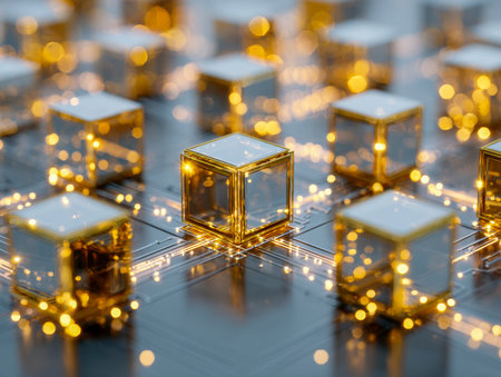 A luminous grid of shimmering golden blocks interconnected by vibrant circuitry streams, illustrating cutting-edge innovation and seamless digital communication.の写真素材