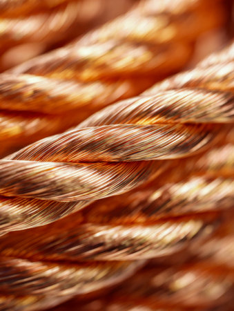 Intricate copper threads intertwined, highlighting their lustrous surface and fine grain detail against a gentle, blurred backdrop of orange-toned motifs.の写真素材