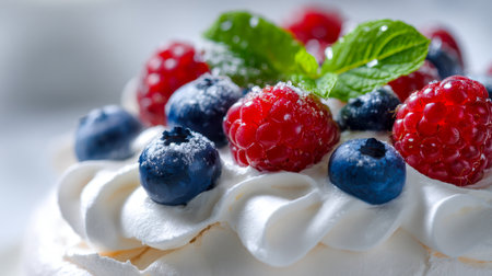 A tempting dessert featuring a crisp meringue base layered with velvety whipped cream, adorned with vibrant berries, a fresh mint touch, and a light dusting of sugarの写真素材