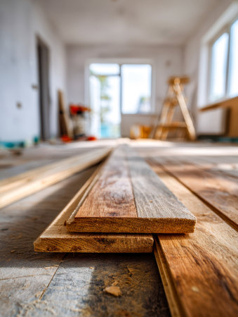 Freshly cut planks pile up in a sunlit space, with a ladder and various tools hinting at ongoing transformation and a promising new look.の写真素材