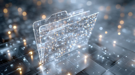 A sleek, clear digital folder emanates a soft glow amidst a high-tech circuit background, representing next-generation data security and innovative information solutの写真素材