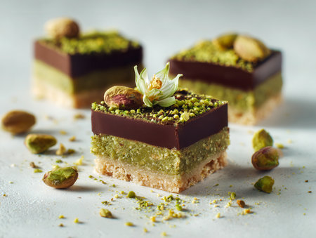 Artfully crafted pistachio and chocolate treat squares topped with crushed nuts and tender flower petals, resting on a subtle textured backdrop with scattered nuts.の写真素材