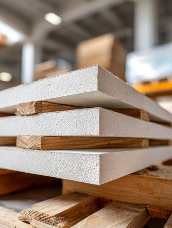 Rows of durable white foam panels with textured surfaces are arranged neatly, divided by rustic wooden separators, set against an industrial background, prepared forの写真素材