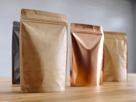 Vibrant empty pouches arranged neatly on a natural wood surface, showcasing endless branding possibilities in a sleek, minimalist environment perfect for packaging displayの写真素材