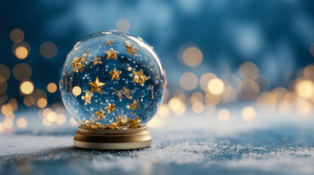 A fragile glass sphere brimming with shimmering gold confetti sits atop a frosty surface, illuminated by cozy bokeh glows against a gentle blue holiday backdrop.