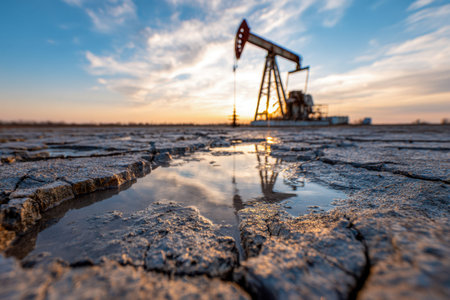 A solitary pump jack operates over parched earth as evening settles, its silhouette mirrored in a...