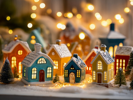 A festive cozy scene featuring tiny illuminated houses adorned with snow and miniature pine trees, all bathed in gentle, glowing holiday lights.の写真素材
