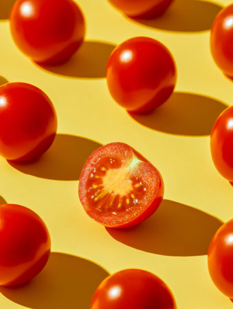 An array of glossy red cherry tomatoes nestle against a sunny yellow backdrop, illuminated by bright...