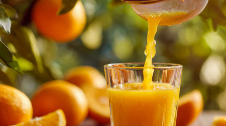 Vibrant liquid cascades into a transparent glass, with succulent oranges softly blurred behind, evoking freshness and the essence of a sunny, outdoor morning.の写真素材
