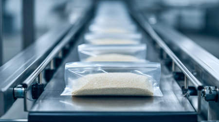 A sleek, high-speed system packages bulk food products into clear pouches, showcasing advanced...