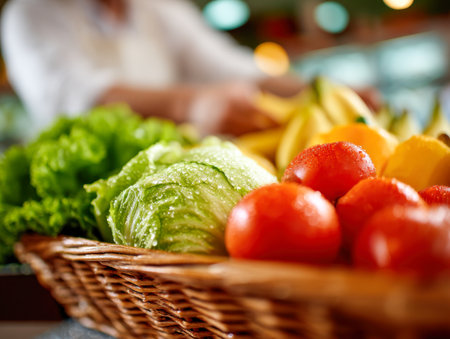 A lively market display featuring a colorful array of fresh vegetables and fruits, including crisp lettuce, ripe tomatoes, and cheerful bananas, embodying healthy frの写真素材