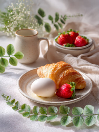 An inviting, countryside-inspired table features a flaky croissant, a perfectly boiled egg, and vivid strawberries on a handcrafted ceramic dish, accented by lush grの写真素材