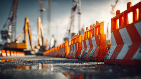 Bright, reflective barriers stretch into the sunlight, signaling ongoing development amid towering cranes and machinery softly blurred behind a clear blue sky.の写真素材