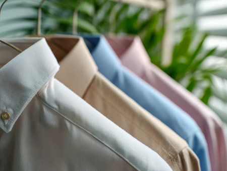 Bright, inviting shirts in soft pastel shades are perfectly arranged on wooden hangers, set against a lush green backdrop that adds warmth and tranquility to the space.の写真素材