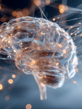 A semi-transparent human brain showcases shining neural pathways and vibrant synapses amid a sleek, high-tech digital backdrop, symbolizing advanced cognition and coの写真素材