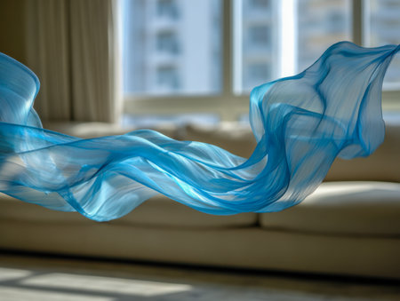 An airy, iridescent blue textile drapes gently indoors, catching the light as it moves, with a cozy living space softly blurred by daylight filtering through windows.の写真素材