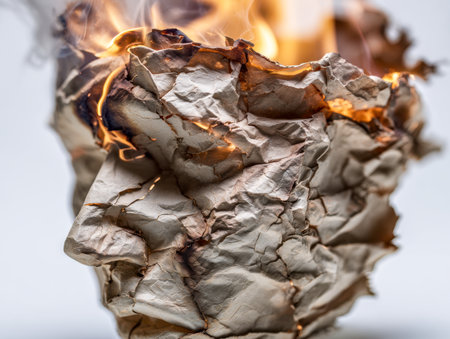 Charred, wrinkled sheets ignite with vibrant flames and swirling smoke, forming a fierce, dynamic pattern that contrasts sharply with the pale backdrop, evoking intense eの写真素材