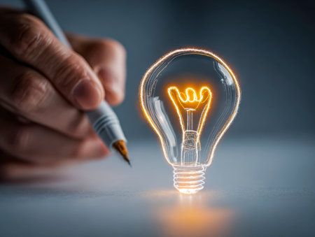 An individual draws an illuminated hand-shaped filament within a lightbulb on a gray surface, embodying inspiration and inventive thinking using a pen.の写真素材