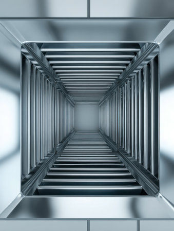 A sleek, high-tech corridor with mirrored surfaces and balanced steel frame that guides the eye upward, evoking a sense of innovation and infinite space.の写真素材