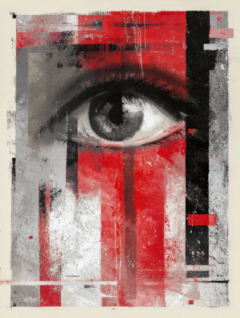 A captivating modern piece showcasing a highly detailed eye set against dynamic red, black, and gray shapes, with textured brush strokes evoking intense emotion.の写真素材