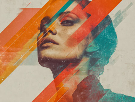 A striking female profile intertwined with vibrant see-through polygons, evoking energy and creativity against a richly textured, contemporary backdrop.の写真素材