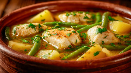 Warm, comforting seafood medley featuring flaky white fish, vibrant green beans, hearty potatoes, and fragrant herbs enveloped in a savory broth, presented in a charの写真素材