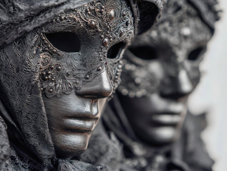 Elaborate black masks adorned with delicate lace and sparkling bead accents capture the elegance and mystery of classic masquerade festivities.の写真素材