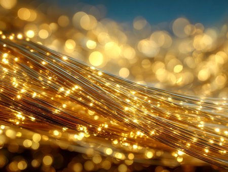Radiant golden cables intertwine, casting a soft glow against a blurred, warm-toned backdrop, symbolizing interconnectedness and advanced communication networks.の写真素材