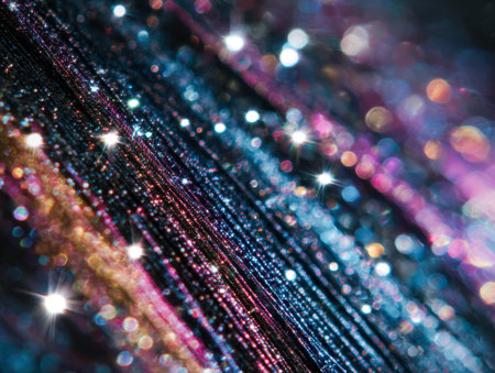 A dazzling array of tiny, reflective particles in vibrant hues cast a luminous glow, complemented by soft, colorful circles that evoke a joyful, enchanting scene.の写真素材