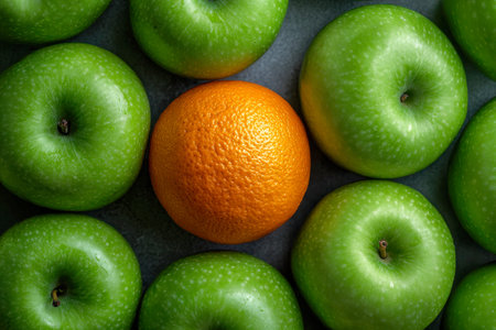 A bold orange hue captivates amidst a cluster of glossy emerald apples, emphasizing individuality...