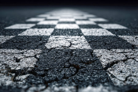 Faded checkered stripes stretch into the distance, cracked pavement adding texture, while gentle...