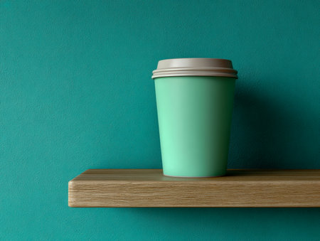 A sleek, eco-friendly coffee container featuring a soft turquoise wrap rests atop a wooden surface, set against a textured wall in harmony with its gentle hue.の写真素材