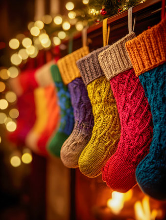 Vibrant handmade stockings drape across a mantel, illuminated by twinkling lights and a crackling fireplace, creating a joyful and inviting holiday ambiance.の写真素材