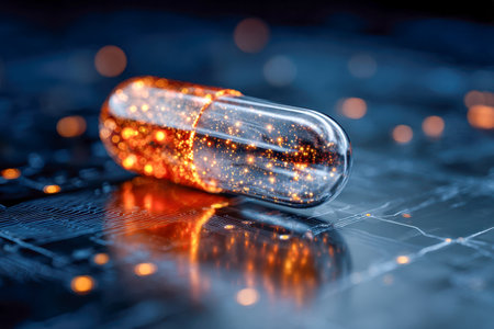 A clear gel capsule containing luminous orange fragments rests atop a high-tech circuitry, embodying innovation in healthcare and cutting-edge digital advancements.の写真素材