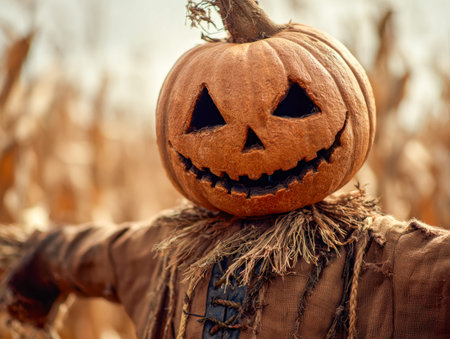 A charming autumn scene showcases a handcrafted scarecrow wearing burlap garments, topped with a cheerful carved pumpkin, set against a softly blurred golden cornfield unの写真素材