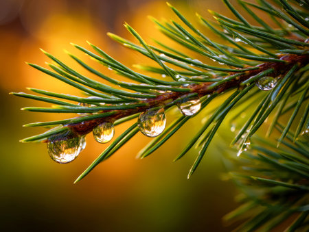 Vibrant pine branches adorned with shimmering droplets catch golden autumn rays, creating a tranquil...