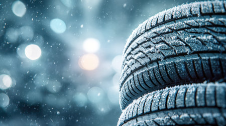Frost-laden winter tires neatly stacked, adorned with delicate snowflakes, set against a softly...