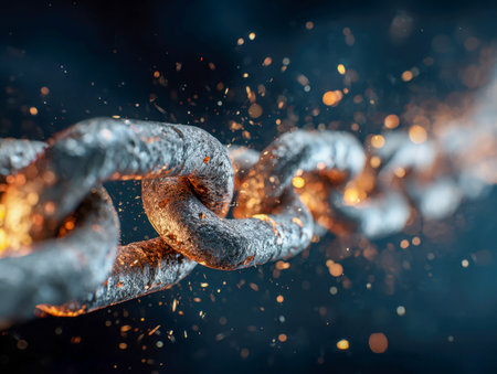 A gritty close-up reveals a weathered metal link amid fiery sparks and molten corrosion, capturing...