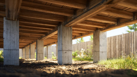 Beneath a sunlit deck, sturdy concrete supports rise from earthy soil, revealing glimpses of a tidy garden enclosed by a protective fence.の写真素材