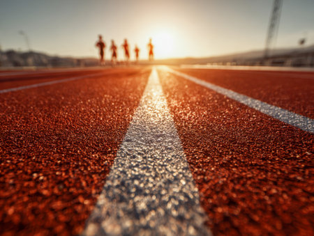 Vibrant morning light baths an outdoor athletic track, highlighting the intricate patterns of the lane markings as runners push through their routines.の写真素材