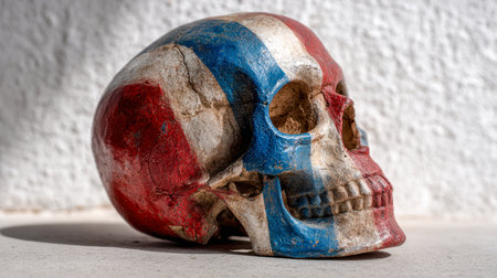 A worn skull adorned with vivid patriotic colors lies atop a rugged surface, embodying themes of decline, resilience, and national pride against a textured backdrop.の写真素材