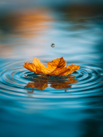 A solitary autumn leaf drifts atop tranquil waters, gentle ripples radiate outward, while a lone droplet hovers eerily above, evoking peaceful Autumn moments.の写真素材