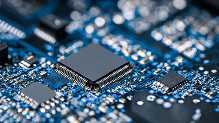 A close-up of a vibrant blue circuit board densely populated with microchips, resistors, and...