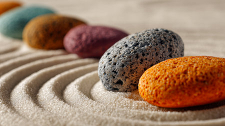 Vibrant stones with intricate surface details are meticulously positioned in a harmonious circle on smooth sand, creating an ambiance of serenity and mindful order.の写真素材