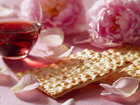 Elegant setting showing crispy matzah with delicate pink rose petals and a deep red wine, evoking...