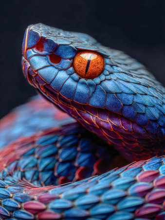 A vivid macro shot captures the intricate pattern of a scaled serpent, highlighting its fiery orange eye and contrasting hues of blue and red against a deep, shadowy backgroundの写真素材