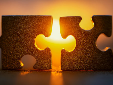 Two interlocking pieces bask in gentle sunlight, epitomizing harmony and partnership, capturing the essence of cooperative effort and shared success.の写真素材