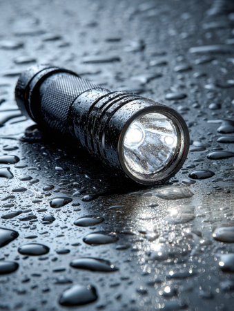 A compact black illumination tool rests on a damp surface, casting faint light through glistening droplets in a dim, atmospheric setting.の写真素材