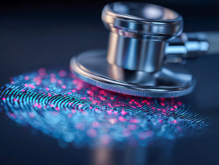A sleek medical stethoscope lies atop a colorful fingerprint graphic, representing innovative...