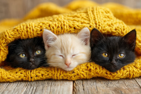 Three tiny kittens cuddle warmly beneath a soft yellow knitting, their tiny bodies nestled on aged wooden planks, with one peacefully dozing off.の写真素材